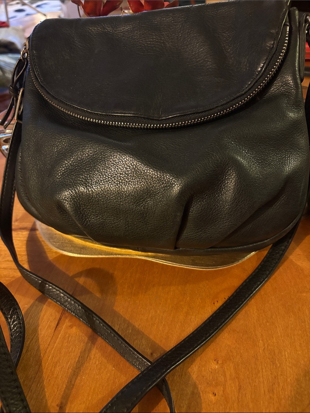 margot Black Pebbled Leather Gathered Crossbody with Curved Zip Flap